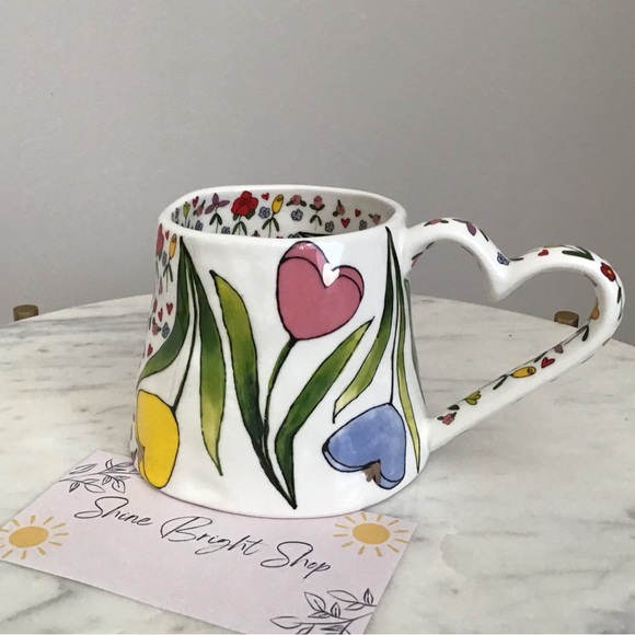 Anthropologie Mud Fairy Mug Glazed Stoneware Flowers Hearts NWT